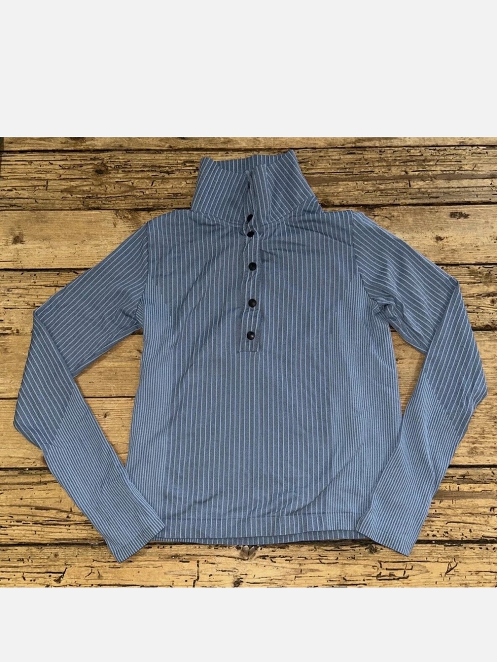 Athleta Blue Striped Button-Up Turtleneck Sweater